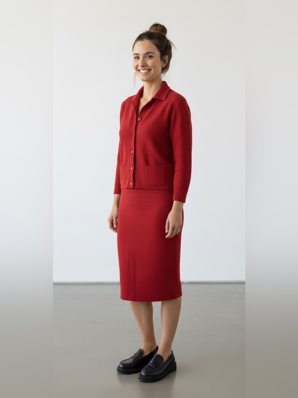 CUTE SUIT 🍒 VINTAGE SET! Wool Knit Cherry Sweater/Skirt Set. Mad MenVibes! Rare!